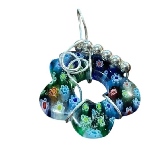 Art Glass Millefiori Flower Pendant With Silver Wire Wrap & Bead Accents Womens - Picture 1 of 3
